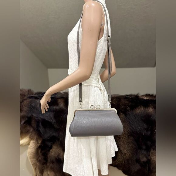 Gray Premium Cowhide Leather Handmade Bow Shaped Kisslock Baguette Bag/Crossbody - Picture 10 of 16